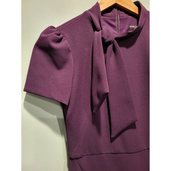 New Maggie London Purple Short Sleeve High Neck Bow Pencil Dress Sz 4 Office - Picture 3 of 7